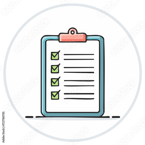 Hand Drawn Clipboard with Green Checkmarks and Horizontal Lines on White Background