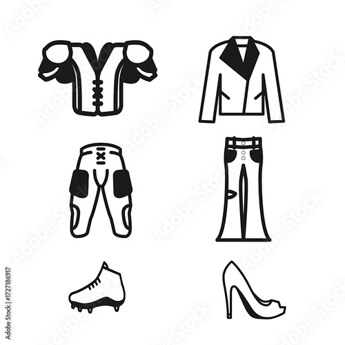 A collection of six isolated line art & vector, illustrations of clothing items on a white background. gents and ladies both style .