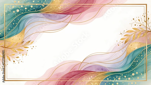 Elegant Pastel Watercolor Frames and Backgrounds featuring Gold Geometric Borders, Fluid Swirls, and Botanical Elements