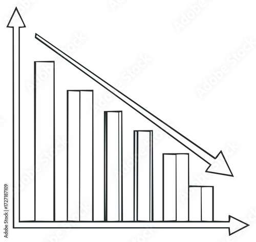 Simple black and white line art of a decreasing bar chart with a down arrow showing financial decline