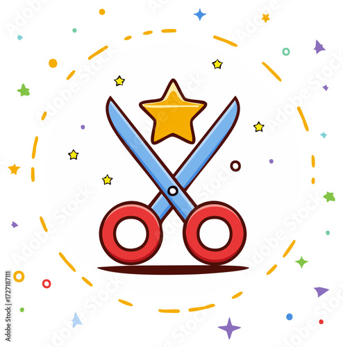 Cute cartoon scissors and star icon for celebration and creative crafts. A symbol of quality, grand opening, or DIY projects.