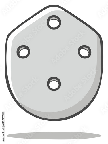 Cartoon illustration of a gray shield or metal plate with four holes for fastening