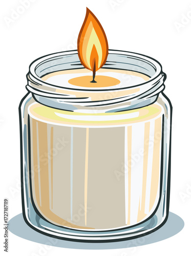 Decorative candle in glass jar with flickering flame, warm and comforting light, simple, home decor illustration