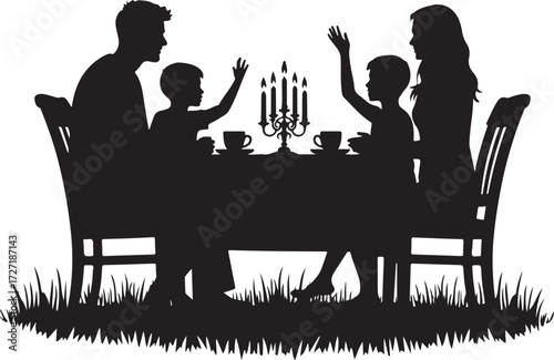 Family silhouette at table with candelabra and cups