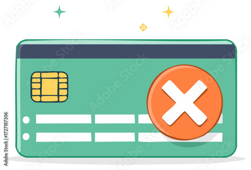 Credit card with an orange cross sign. Financial concept of rejection