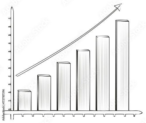 Hand-drawn black and white upward trending growth graph and chart for business statistics