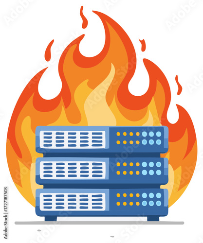 Burning Server Stack Data Loss Illustration Fire Damaged Computer System Hardware Failure Problem Concept