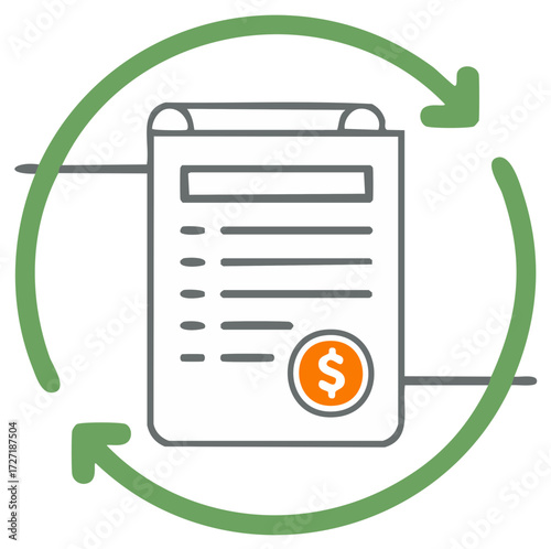 Financial transaction documents with arrows representing money flow business cycle and dollar icons related to investment savings and earnings