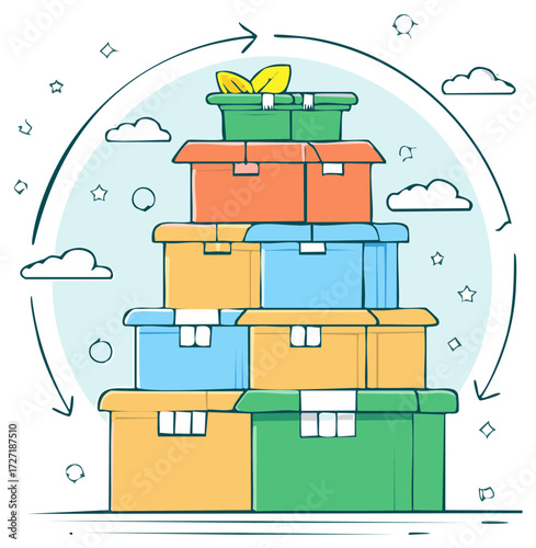 Stacked Delivery Boxes with Arrows Representing a Circular Logistics and Supply Chain