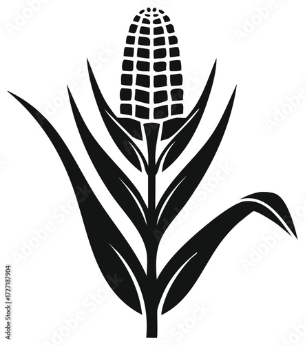 Black and white corn stalk with leaves illustration, agriculture farming concept design
