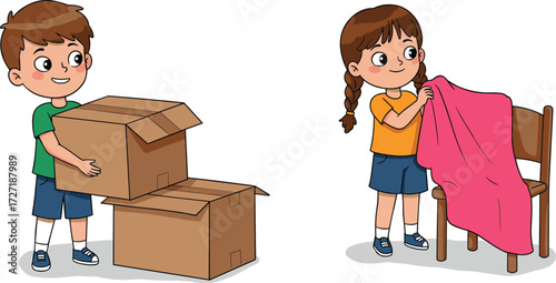 Children organizing cardboard boxes and decorating furniture with cloth, teamwork, creativity, indoor play, DIY activity, home learning, colorful setup