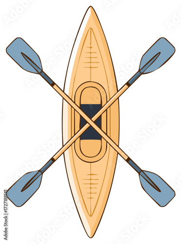 Vibrant overhead illustration of a solo recreational kayak with two crossed paddles ready for outdoor water adventures