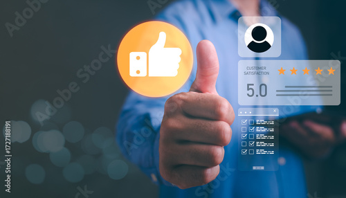 Client satisfaction rating businessman using digital interface for user feedback on virtual screen with 5-star review icon