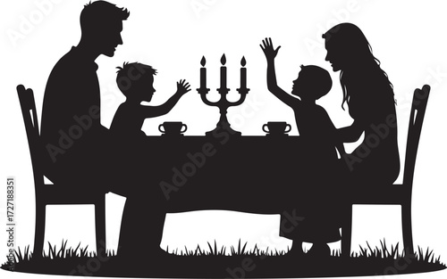 Family silhouette at table with candelabra and cups