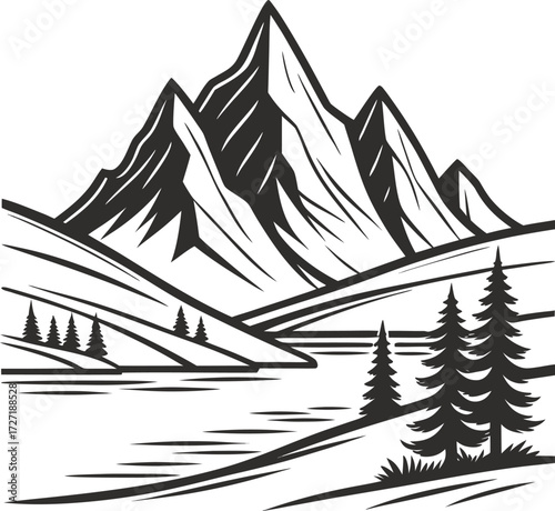 Vector art of stylized black and white illustration of majestic mountain peaks overlooking a serene lake with pine trees