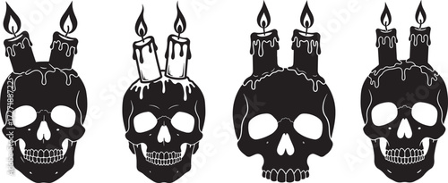 Four black skull candles with burning flames in a row silhouette