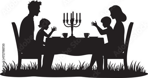 Family silhouette at table with candelabra and cups