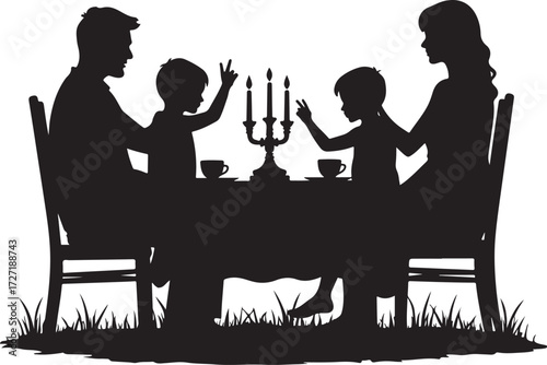 Family silhouette at table with candelabra and cups