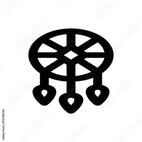 Illustration of a dreamcatcher with a circular web and three dangling pendants in black and white design