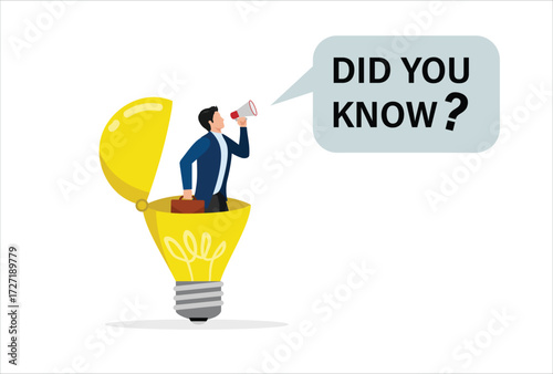 did you know illustration with businessman coming out of light bulb idea with megaphone and speech bubble saying did you know?, expert information, explanation or solution, useful tip or knowledge