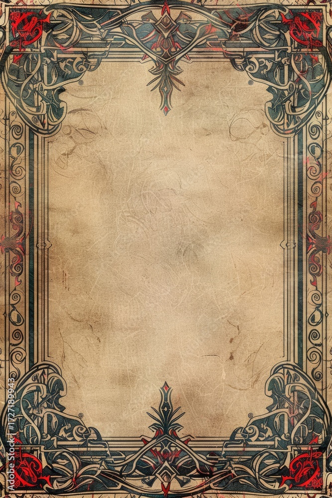 Obraz premium An aged parchment background, framed by an ornate, dark border with hints of red and teal detailing. The texture is rough and mottled, suggesting antiquity