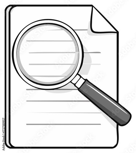 Black and white cartoon of a magnifying glass over a paper document for research and investigation