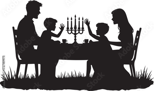 Family silhouette at table with candelabra and cups
