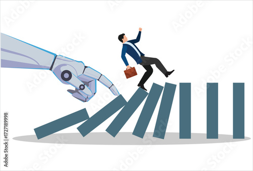 AI to disrupt human work, Artificial intelligence impact or challenge, job uncertainty future, innovation effect, AI change concept, AI robot arm push to collapse domino, businessman falling down.