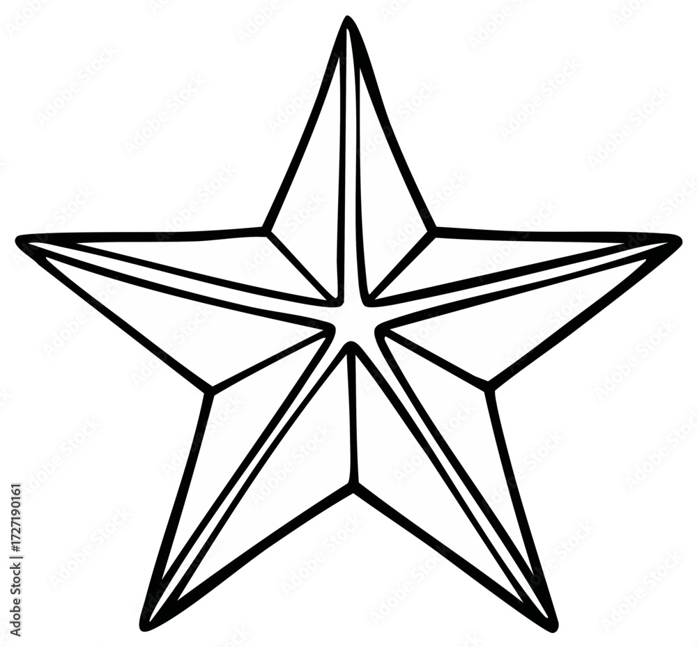 Obraz premium Faceted five pointed nautical star icon simple black and white line art drawing
