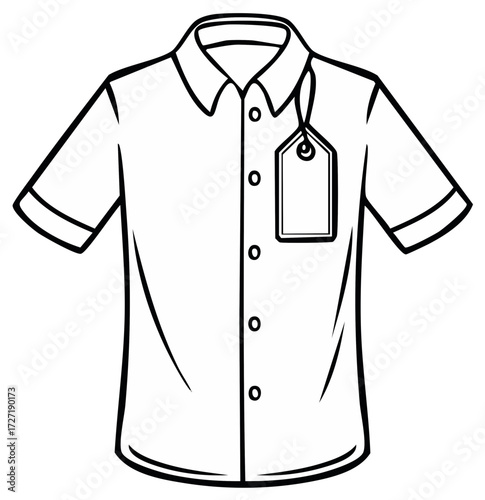Black and white line art of a short sleeve button down shirt with a blank price tag