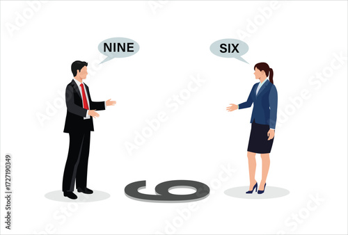 different opinion because different viewing angle, differences in ways of thinking or searching for solutions, businessman and woman argue from different points of view to determine number nine or six