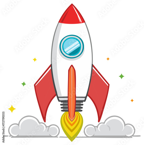 Retro style rocket ship blasting off with fiery exhaust and twinkling stars