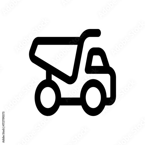 Outlined vector illustration of a dump truck with a raised bed and two wheels on a white background view