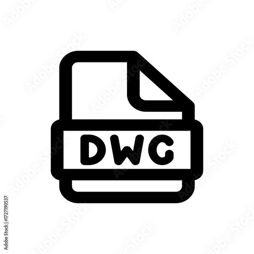 Illustration of a dwg file icon in black and white featuring a document with a folded corner and dwg text