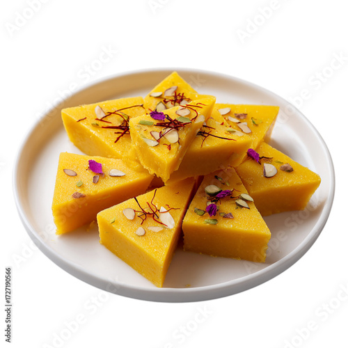 Wallpaper Mural Kaju katli with saffron garnish on white plate on transparent background Torontodigital.ca