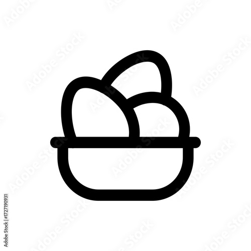A simple black outline drawing of a basket containing three eggs, presented in a minimalist style icon