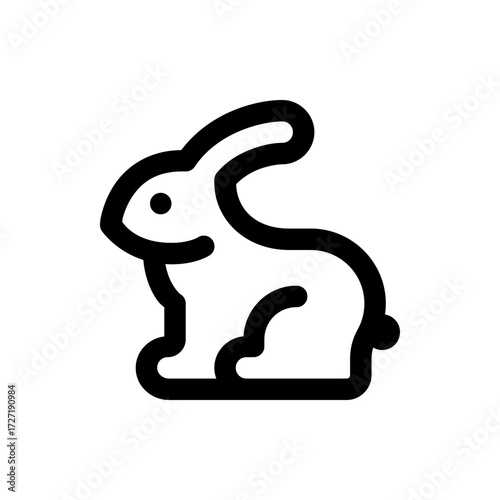 Simple black and white line drawing of a rabbit with a round eye and short tail in minimalist style art