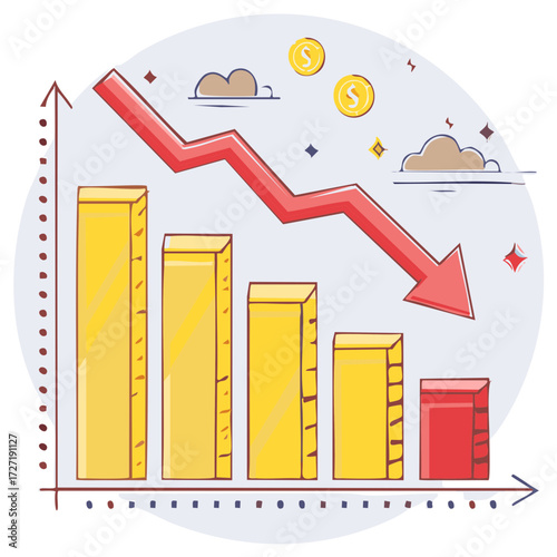 Downward Chart: Declining bar graph with falling arrow indicates losses and economic downturn