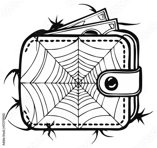 Wallet decorated with a spiderweb and money peeking out