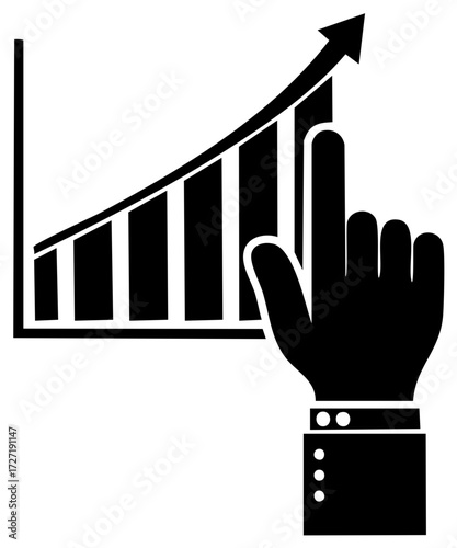 Hand pointing to an upward trending business graph demonstrating financial growth and success