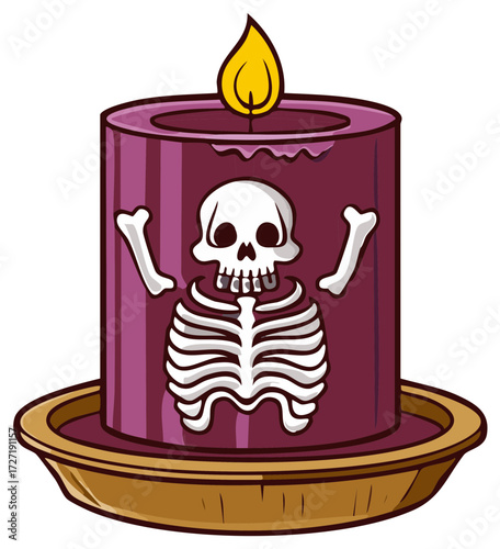 Spooky Halloween Candle with Skeleton Design and Flickering Flame on a Holder