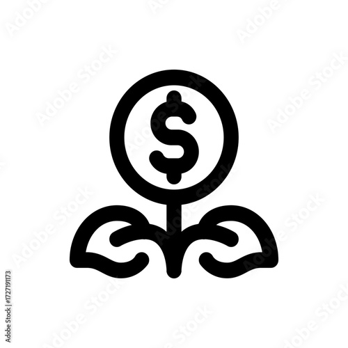 Illustration of a money plant with a dollar sign coin being held by two hands in a simple black outline