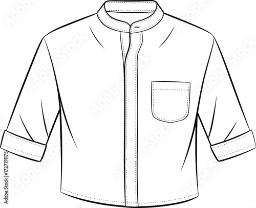 CAD drawing flat vector illustration of minimal buttonless long sleeve shirt with rolled sleeves, mandarin collar, front pocket, fashion template