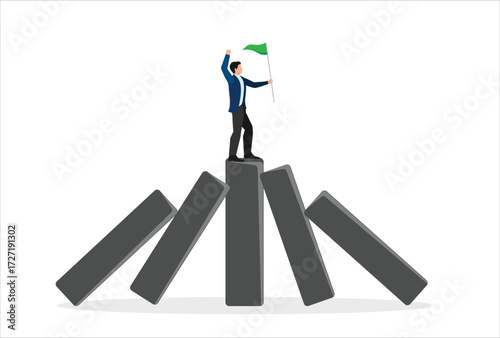 icon vector design work element Winner takes all, survive in business competition, economic crisis, business winner concept, successful businessman standing strong bar graph of dominoes falling