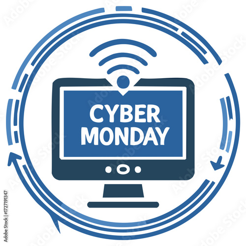 Cyber Monday computer screen with wifi signal icon and circular design