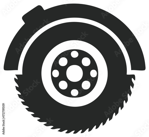 Concrete saw tool logo, silhouette of circular saw with guard, cutting wheel icon for construction.