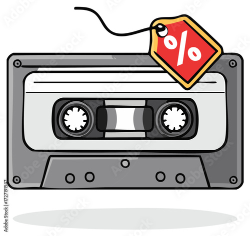 Cartoon illustration of a retro cassette tape with a price tag and percentage symbol