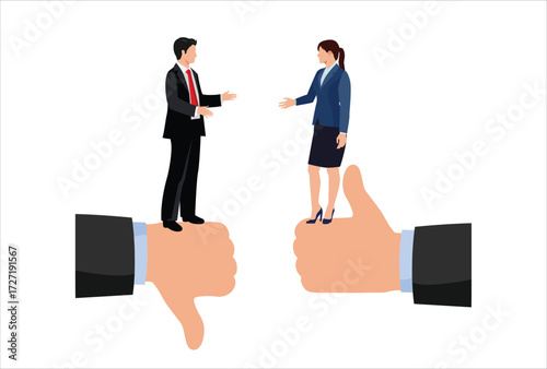 Male and woman furious arguing on difference thumb up and down. Conflict and argument between colleagues, controversy or difference opinion, disagree, confrontation or rivalry fighting.