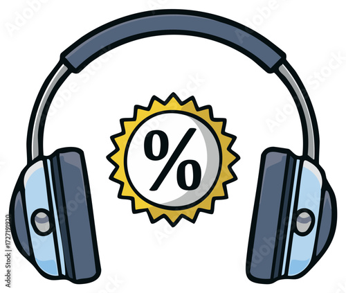 Headphone sale illustration with percentage discount symbol for music and audio promotions