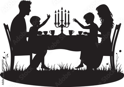 Family silhouette at table with candelabra and tea cups